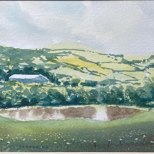 Original Pond Watercolor Painting: Landscape Art (12x10&quot; Mounted)
