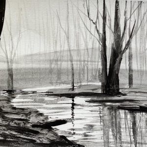 Original Indian Ink Winter Landscape Drawing: River Wall Art