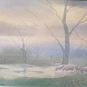 Dipinto originale ad acquerello di paesaggio: Pecore al crepuscolo (30,5 x 25,4 cm)