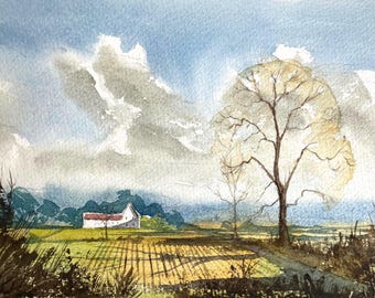 Pintura original em aquarela: Paisagem rural de Yorkshire, formato A4
