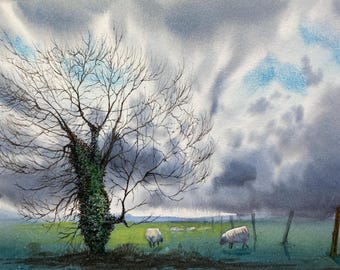 May include: A watercolor painting of a bare tree with a thick trunk covered in ivy, standing in a field with two sheep in the distance. The sky is a stormy gray with patches of blue.