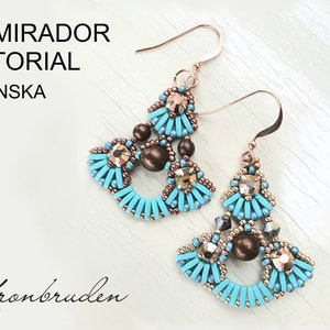 May include: A pair of turquoise and brown beaded earrings with a fan-shaped design. The earrings are made with small beads and have a delicate, intricate look. The earrings are hanging from gold-coloured hooks.