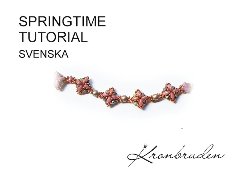 May include: A close-up of a beaded necklace with pink and gold beads, forming a pattern of flowers. The necklace is on a white background. The text "SPRINGTIME TUTORIAL" and "SVENSKA" is above the necklace. The text "Kronbruden" is below the necklace.
