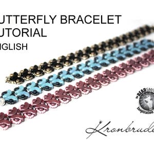 May include: Three beaded bracelets in different colors, black, blue, and pink, with a butterfly design. The bracelets are laid out on a white surface. The image includes the text "Butterfly Bracelet Tutorial" and "English".