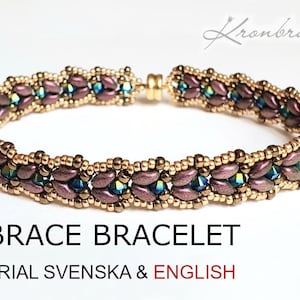 May include: A gold and purple beaded bracelet with a clasp closure. The bracelet is called "Embrace Bracelet" and the text "Tutorial Svenska & English" is below the bracelet name.