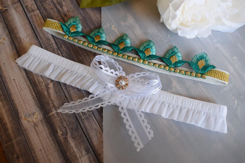 Gold garter Lace garter Custom wedding garter Mint Bridal garter belt Turquoise and gold wedding garter set Keepsake and Toss garter