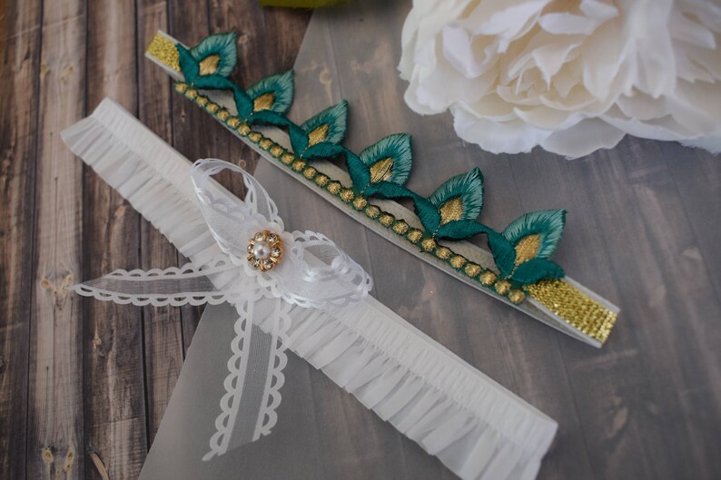 Gold garter Lace garter Custom wedding garter Mint Bridal garter belt Turquoise and gold wedding garter set Keepsake and Toss garter