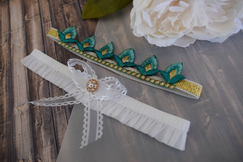 Gold garter Lace garter Custom wedding garter Mint Bridal garter belt Turquoise and gold wedding garter set Keepsake and Toss garter