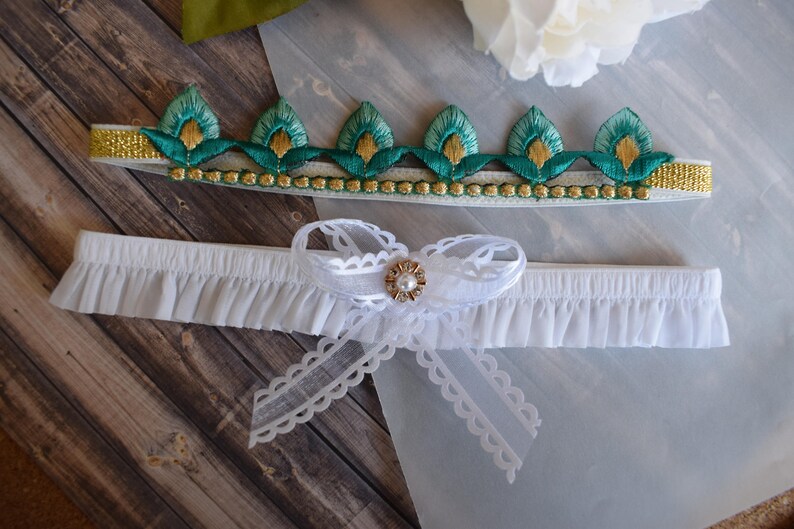 Gold garter Lace garter Custom wedding garter Mint Bridal garter belt Turquoise and gold wedding garter set Keepsake and Toss garter