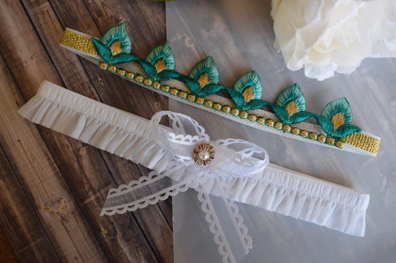Gold garter Lace garter Custom wedding garter Mint Bridal garter belt Turquoise and gold wedding garter set Keepsake and Toss garter