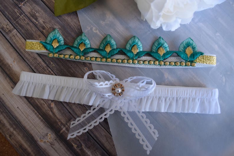 Gold garter Lace garter Custom wedding garter Mint Bridal garter belt Turquoise and gold wedding garter set Keepsake and Toss garter