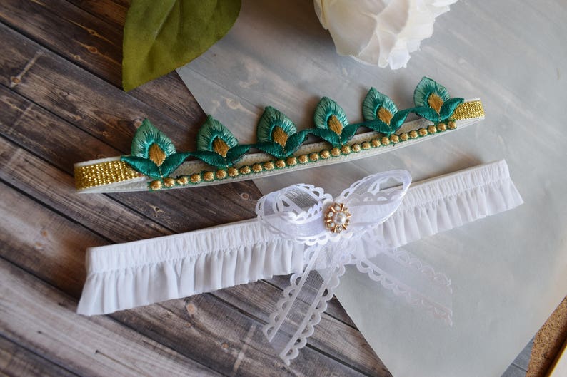 Gold garter Lace garter Custom wedding garter Mint Bridal garter belt Turquoise and gold wedding garter set Keepsake and Toss garter