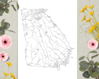 Mapa de Georgia dibujado a mano / Divertido mapa ilustrado del estado / Arte mural en papel mate / Varios tamaños