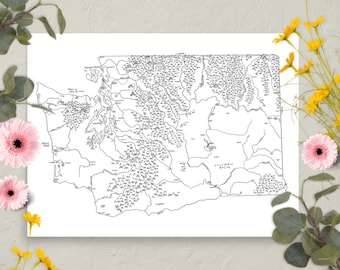 Mapa de Washington dibujado a mano / Divertido mapa ilustrado del estado / Arte mural en papel mate / Varios tamaños