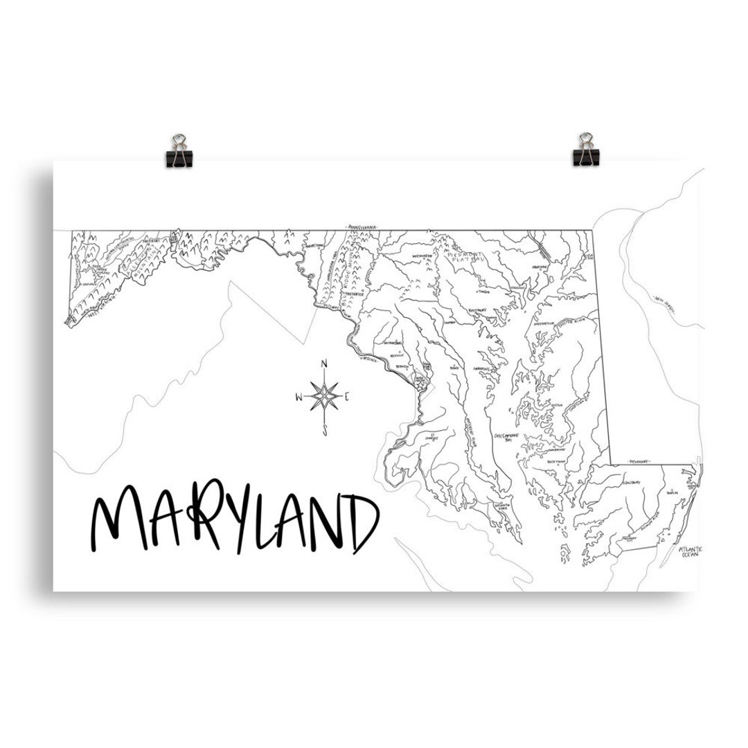 Hand Drawn Maryland State Map Wall Art Poster Etsy