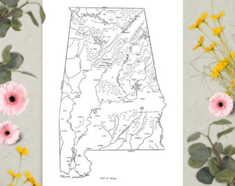 Mapa de Alabama dibujado a mano / Divertido mapa ilustrado del estado / Arte mural en papel mate / Varios tamaños