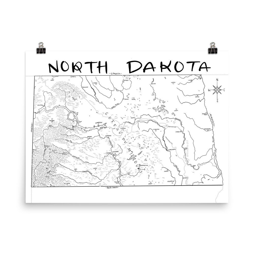 hand-drawn-north-dakota-state-map-wall-art-poster-etsy