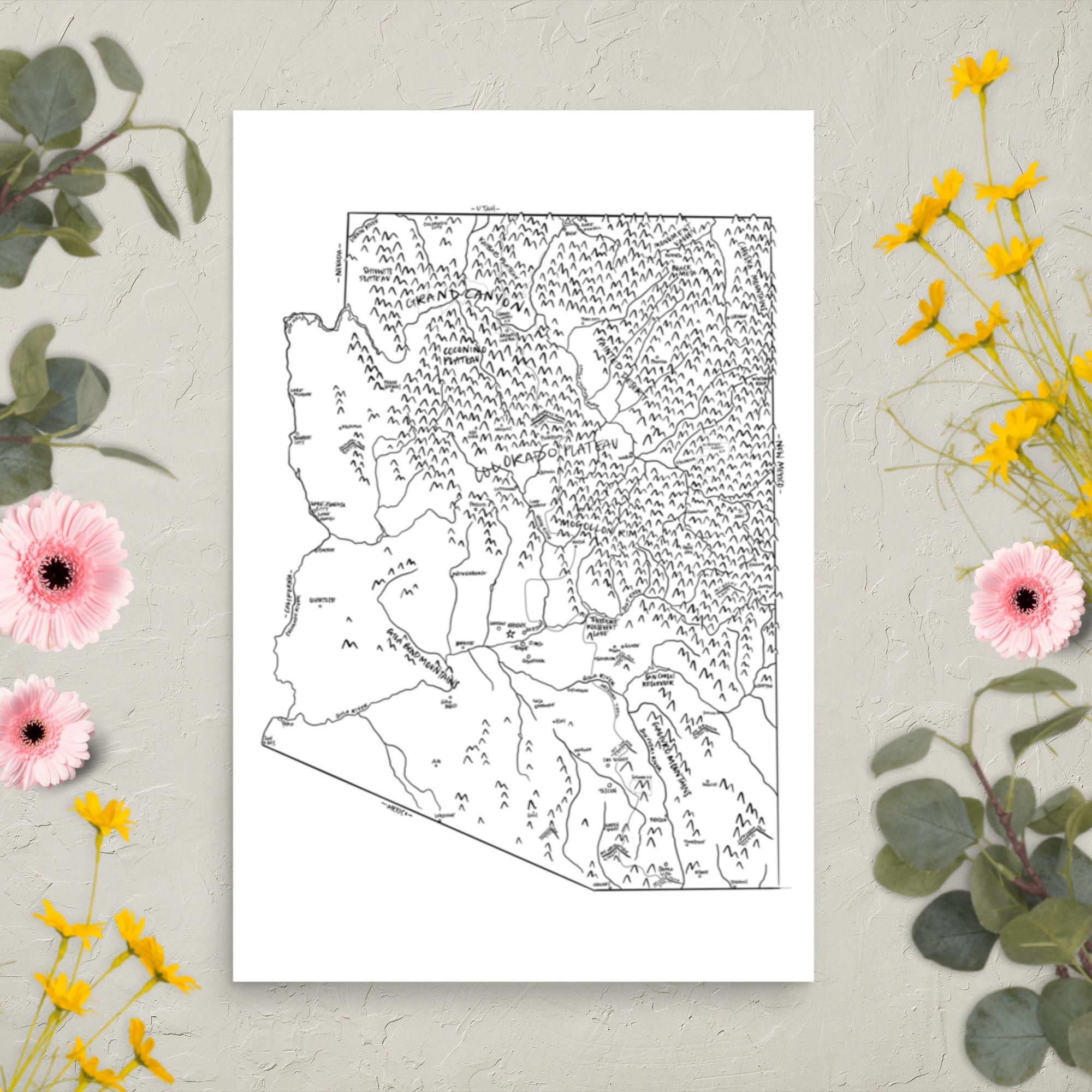 Arizona Hand-drawn Map | Fun Illustrated State Map | Matte Paper Wall ...