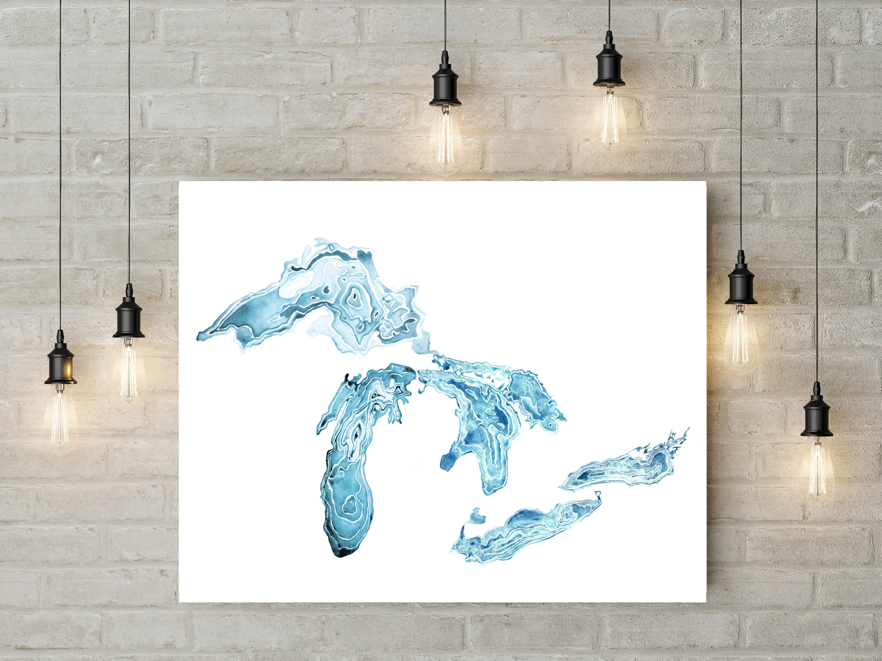 Watercolor Great Lakes Painting Topography Art Great Lakes Etsy