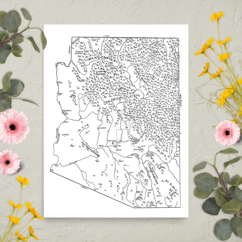 Arizona Paper Map Arizona Hand-drawn Map | Fun Illustrated State Map | Matte Paper Wall ...