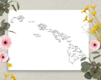 Mapa de Hawái dibujado a mano / Divertido mapa ilustrado del estado / Arte mural en papel mate / Varios tamaños