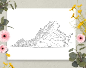 Mapa de Virginia dibujado a mano / Divertido mapa ilustrado del estado / Arte mural en papel mate / Varios tamaños