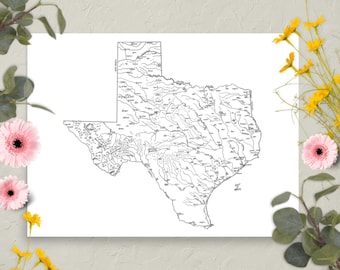 Mapa de Texas dibujado a mano / Divertido mapa ilustrado del estado / Arte mural en papel mate / Varios tamaños
