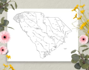 Mapa de Carolina del Sur dibujado a mano / Divertido mapa ilustrado del estado / Arte mural en papel mate / Varios tamaños