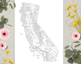 Mapa de California dibujado a mano / Divertido mapa ilustrado del estado / Arte mural en papel mate / Varios tamaños