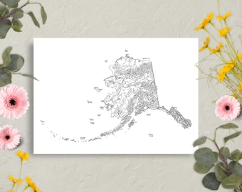Mapa de Alaska dibujado a mano / Divertido mapa ilustrado del estado / Arte mural en papel mate / Varios tamaños
