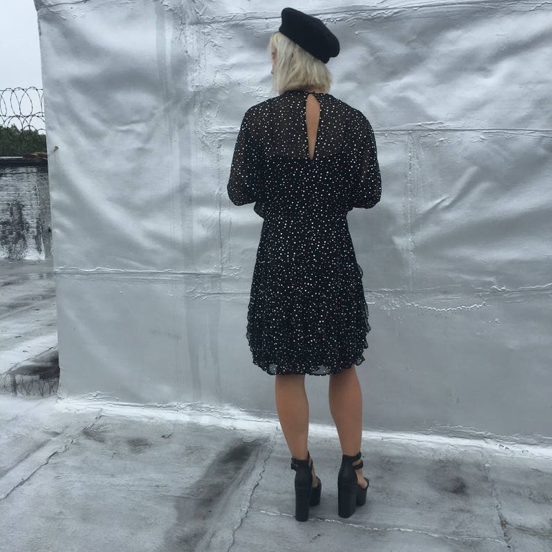 Vintage 80s Sheer Dolman Sleeved Polka Dot Wiggle Dress