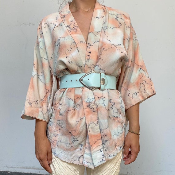 Vintage 80s Watercolor Silk Crepe Kimono With Indi