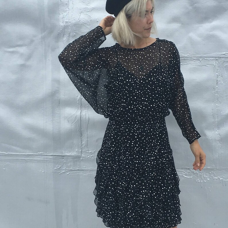 Vintage 80s Sheer Dolman Sleeved Polka Dot Wiggle Dress