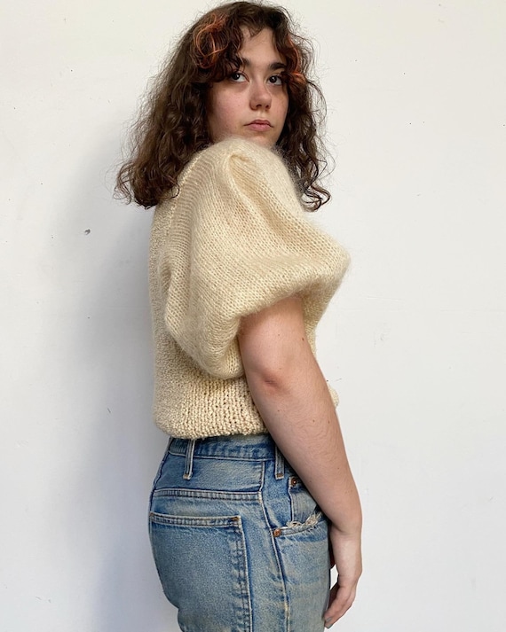 Vintage 80s Handmade Cream Puff Sleeve Mohair Swea