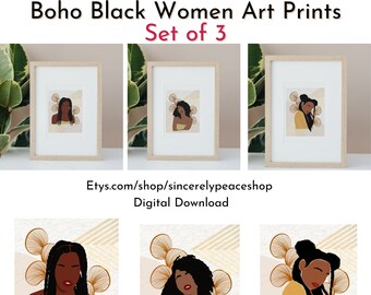 Natural Boho Black Women Wall Art Prints Digital Download