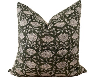 Green Linen Block Print Pillow Cover, Natural Linen Floral Print Pillow Cover