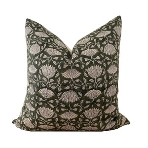Green Linen Floral Block Print Pillow Cover: Hand Blocked Lotus Design