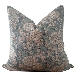 Block Print Pillow Cover, Blue Linen Block Print Pillow, Linen Pillows, Floral Pillows