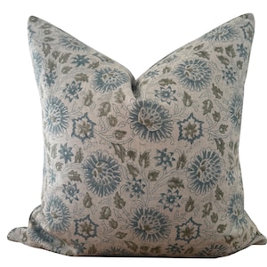 Blue Floral Block Print Linen Pillow Cover: Handmade Throw Sham