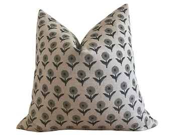 Block Print Floral Pillow Cover, Natural Linen Pillow Cover