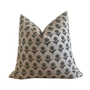 Block Print Floral Pillow Cover, Natural Linen Pillow Cover