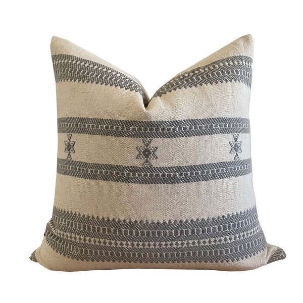 Gray and Cream Woven Pillow, Designer Woven Pillows, Hand-loomed Indian Cotton