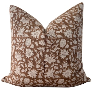 Brown Floral Block Print Linen Pillow Cover | Dyelot 2
