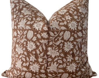 Brown Floral Block Print Linen Pillow Cover | Dyelot 2