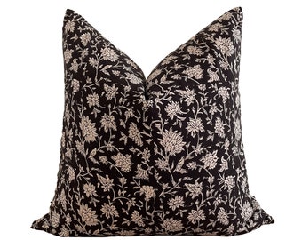 Black Floral Block Print Pillow Cover, Cotton Block Print Pillow