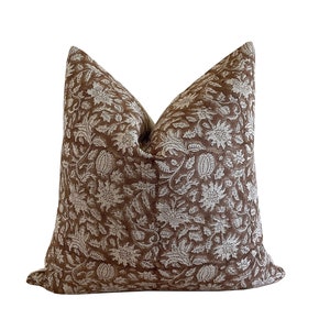 Brown Linen Block Print Pillow Cover on Textured Linen Pillow || DyeLot1