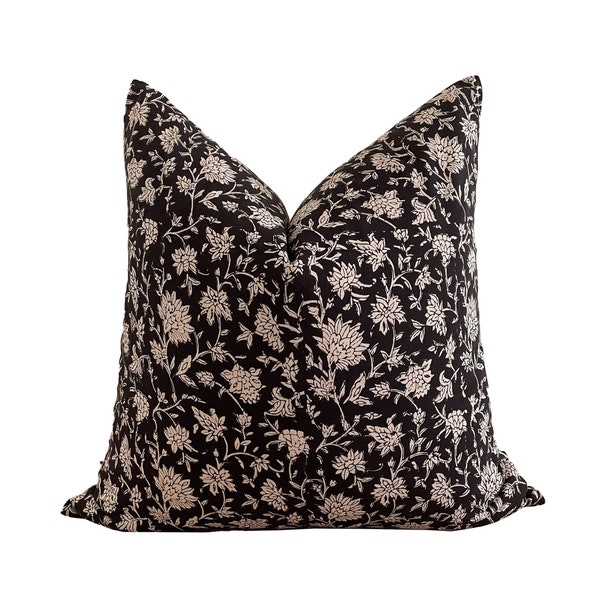 Black Floral Block Print Pillow Cover, Cotton Block Print Pillow