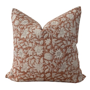 Terracotta Floral Block Print on Textured Linen Pillow Cover, Designer Pillow Covers