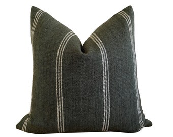 20" Dark Green -Gray Stripe Wool Pillow Cover, Designer Woven Pillows
