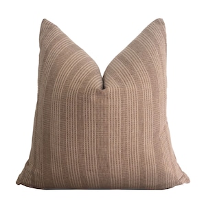 Brown Neutral Stripe Pillow Cover with Dark Brown Sashiko Stitching, Modern Farmhouse Pillow